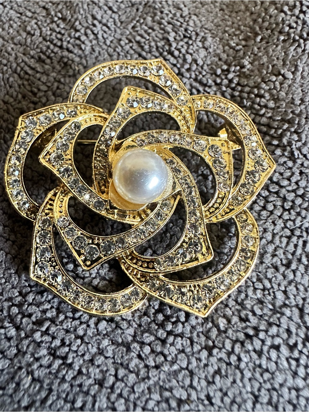 Gold Floral Crystal Brooch with Pearl Accent - Women Jewelry